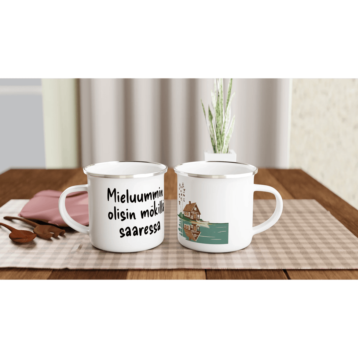 Mieluummin Olisin Mökillä Saaressa - Emalimuki 3,5dl - Mun Paita